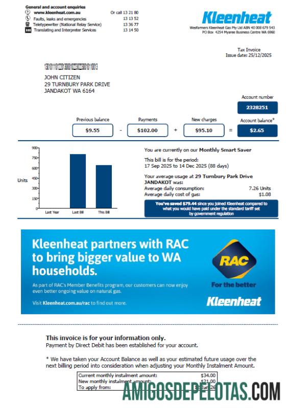 Para baixar modelo de conta de serviços públicos Kleenheat da Austrália em formatos Word e PDF